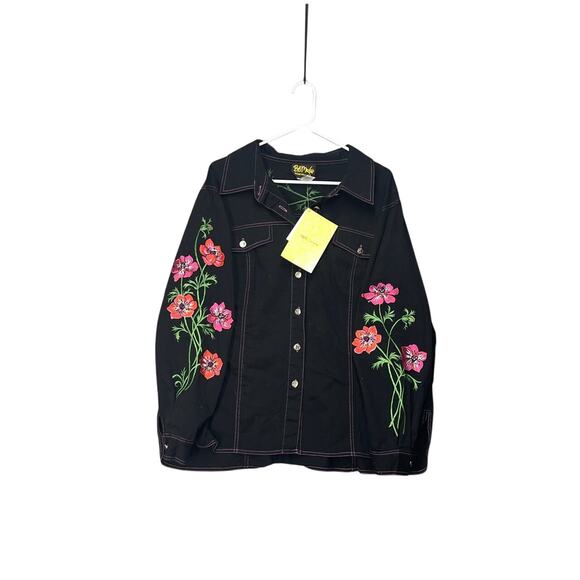 Bob Mackie Wearable Art Button Up Black Denim Jacket Embroidered Florals 1X EUC - Picture 1 of 9